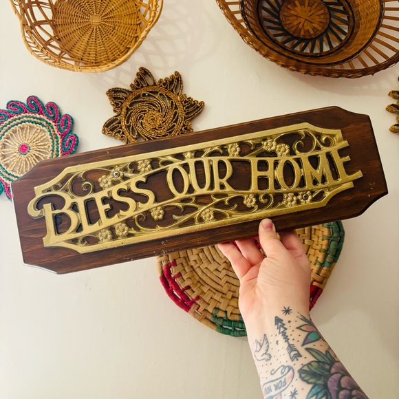 Other - Vintage Bless Our Home Wooden Plaque Sign with Gold Metal Floral Wall Decor